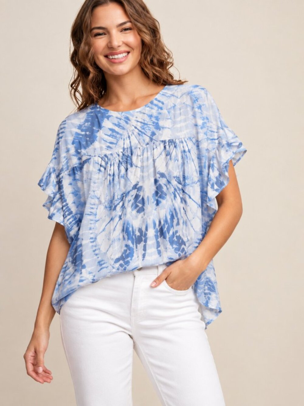 Kori America Tie Dye Flutter Sleeve Tie Back Top Oversized Rayon M NWT